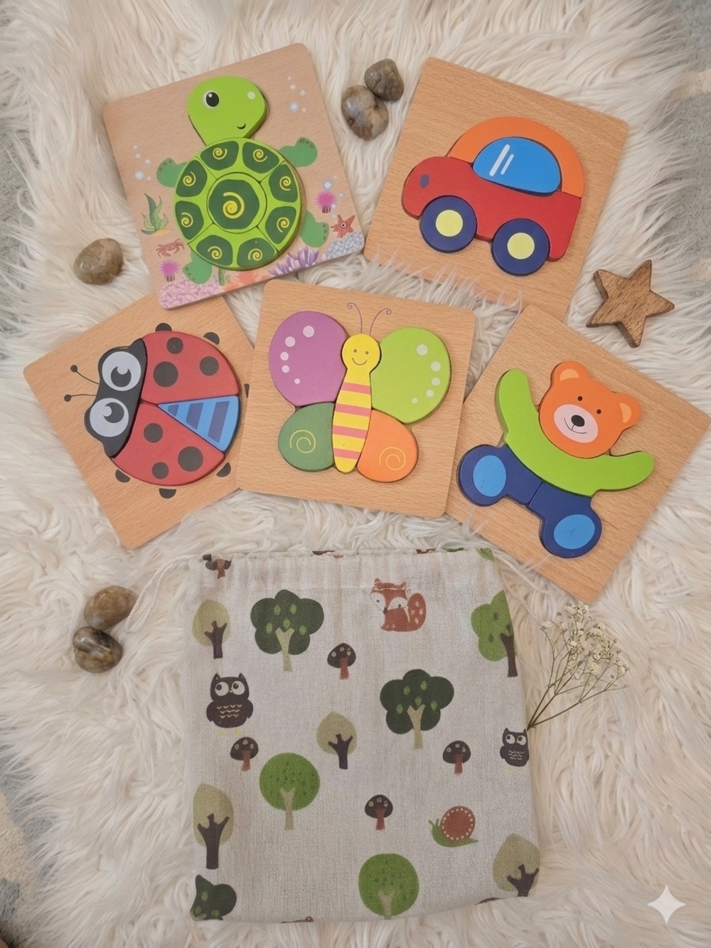 Wooden Animal and Vehicle Puzzle Set - Colorful Kids Toys